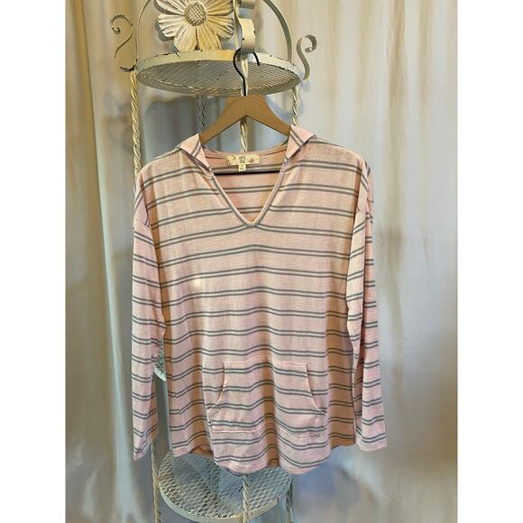 Hippie Rose Sweater Pullover Hoodie V-Neck Pink and Grey Stripe Size Small - Picture 1 of 6